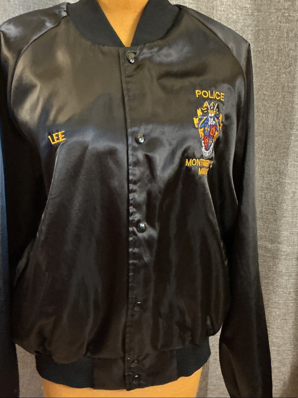 Lee Black Satin Police Crest Bomber Jacket with Gold Embroidery